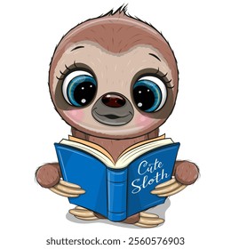 Cute Cartoon Sloth is reading a book isolated on white nackground