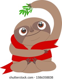Cute cartoon sloth in red bow. Vector illustration, isolated on white. Hand-drawing Illustration. Holiday cute Christmas sloth. Sloth holding mistletoe
