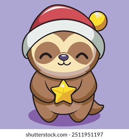 Cute Cartoon Sloth with Santa Hat Holding a Star Christmas, Festive Sloth Cartoon Holding a Star  