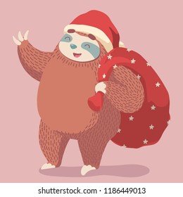cute cartoon sloth with santa's hat and sack friendly waving. children's trendy Christmas illustration