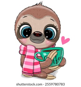 Cute Cartoon Sloth in scarf with Cup of coffee