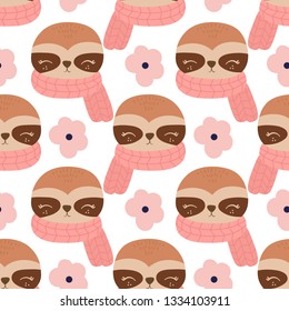 Cute cartoon sloth with scarf seamless pattern.  Sloth face vector illustration.