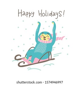 cute cartoon sloth in scarf sledding on snow with shy emotion on face. hand drawn lettering quote - happy holidays. colorful cartoon animal illustration 