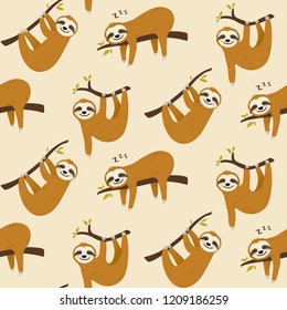 Cute Cartoon Sloth Seamless Pattern Vector Graphic Design. Hand Drawn Sloth Character Hanging On The Tree. Animal Illustration For Nursery Design, Birthday, Baby Shower Design And Party Decor, Print