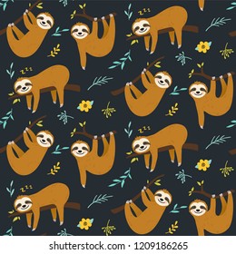 Cute cartoon sloth seamless pattern vector graphic design. Hand drawn sloth character hanging on the tree. Animal illustration for nursery design, birthday, baby shower design and party decor, print