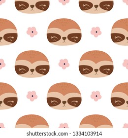 Cute cartoon sloth seamless pattern.  Sloth face vector illustration.
