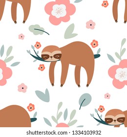 Cute cartoon sloth seamless pattern. Sloth, flowers, and leaves vector illustration.