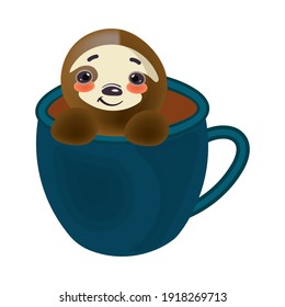 A cute cartoon sloth sitting in a mug.Vector isolated illustration on white background. Good-natured character.