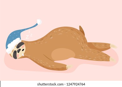 Cute cartoon sloth sleeping. Animal wearing nightcap. Funny animal cartoon character vector Illustration.