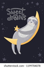 Cute Cartoon Sloth Sleeping On Moon Stock Vector (Royalty Free ...