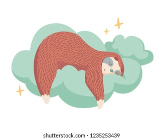 cute cartoon sloth sleeping on cloud with stars around. healthy sleep concept. colorful cartoon animal illustration