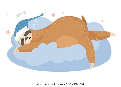 Cute cartoon sloth sleeping on a cloud. Animal wearing nightcap. Funny animal cartoon character vector Illustration.