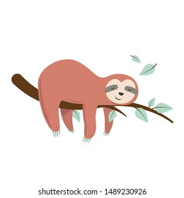 Cute cartoon sloth sleeping on a branch