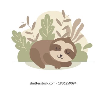 cute cartoon sloth sleeping on lawn. healthy sleep concept. vector colorful animal illustration. 