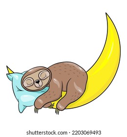 Cute cartoon sloth sleeping on the moon. Vector illustration. Scandinavian cartoon style flat design. Concept for children print.