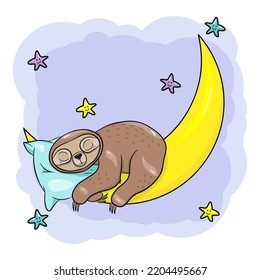 Cute cartoon sloth sleeping on the moon. Vector illustration. Scandinavian cartoon style flat design. Concept for children print.