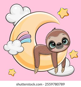 Cute Cartoon Sloth is sleeping on the moon