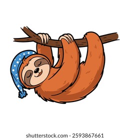 Cute Cartoon Sloth Sleeping on a Branch