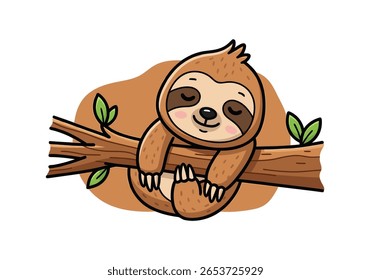 Bonito Desenho Animado Preguiça Dormindo em um galho - Adorável Ilustração de Mamífero Lento para Desenhos Relaxantes e Temas da Natureza. Ilustração de vetor