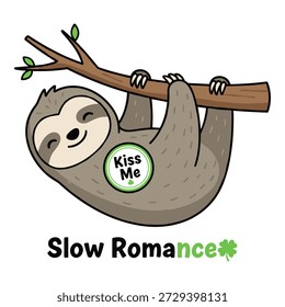 Lindos desenhos animados preguiça dormindo em árvore. Beije-me distintivo com trevo. Ilustração de animal romântico para o dia de st patricks.