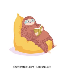 cute cartoon sloth in the soft chair reading the book. colofrul animal vector illustration