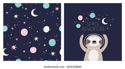 Cute cartoon sloth in space - vector illustration. Awesome sloth character, star, planet 