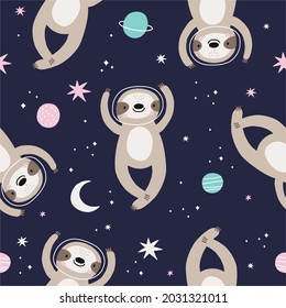 Cute cartoon sloth in space - vector illustration. Awesome sloth character, star, planet - seamless pattern