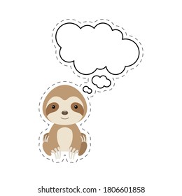 Cute cartoon sloth with speech bubble sticker. Kawaii character on white background. Cartoon sitting animal postcard clipart for birthday, baby shower, party event. Vector stock illustration.