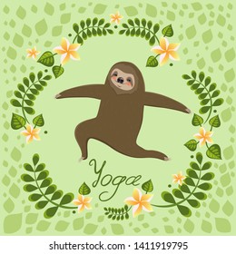 Cute cartoon sloth standing in yoga pose. Cartoon animals vector illustration. Unique hand drawn vector illustration with sloth.