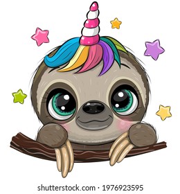 Cute Cartoon Sloth with Unicorn Horn a white background