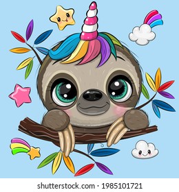 Cute Cartoon Sloth with Unicorn Horn a blue background