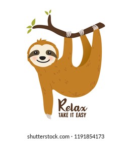 Cute cartoon sloth vector graphic design. Adorable hand drawn baby sloth character hanging on the tree. Illustration for nursery design, poster, greeting, birthday card, baby shower design and party