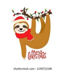 Cute cartoon sloth vector graphic design for Christmas holiday. Merry Christmas print. Adorable hand drawn baby sloth character hanging on the tree in Santa Claus hat