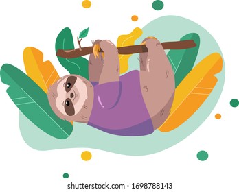 Cute cartoon sloth vector graphic design. Adorable hand drawn sloth character in a purple t-shirt hanging on a tree. Lazy animal character, flat style vector illustration isolated on white background