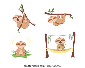 Diseño gráfico vectorial de pereza de dibujos animados. Tarjeta con perezoso lindo al estilo de las caricaturas. Ilustración para diseño de guardería, afiche, saludo, tarjeta de cumpleaños, diseño de ducha de bebé y fiesta.