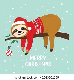 Cute cartoon sloth vector graphic design for Christmas holiday. Merry Christmas print. Adorable hand drawn sloth character on the tree branch in Santa Claus hat and ugly red Christmas sweater