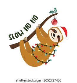 Cute cartoon sloth vector graphic design for Christmas holiday. Merry Christmas print. Adorable hand drawn sloth character on the tree branch in Santa Claus hat and  wrapped in Christmas lights