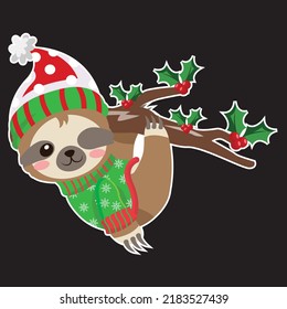 Cute cartoon sloth vector graphic design for Christmas holiday. Merry Christmas print. 