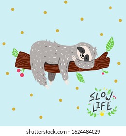 Cute cartoon sloth vector illustration. Baby boy nursery theme. Tropical animal sleeping on the branch, print for children product.