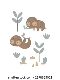 Cute cartoon sloth. Vector print for children room, fabric, paper, greeting card, postcard, card, t shirt, poster, textile. Vector illustration