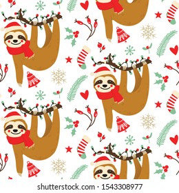 Cute cartoon sloth vector seamless pattern design for Christmas holidays