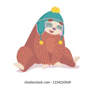 cute cartoon sloth in winter hat. colorful trendy illustration 