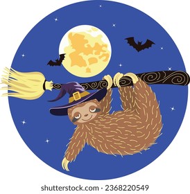 Cute cartoon sloth in witch hat flying on broom for Halloween.