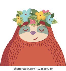 cute cartoon sloth with wreath of flowers