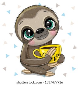 Cute Cartoon Sloth with a yellow Cup of coffee