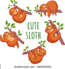 Cute cartoon sloths set. Animal vector illustration.  It can be used for sticker, patch, phone case, print, poster, baby shower design, t-shirt, holiday or party decor