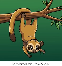 Cute Cartoon Slow Loris Hanging from Branch - Adorable Primate Illustration with Big Eyes for Nocturnal Wildlife Designs. Vector Illustration