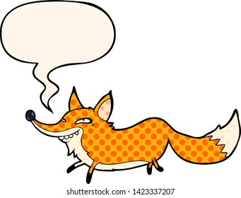 cute cartoon sly fox with speech bubble in comic book style