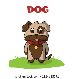 Cute cartoon small dog. Vector spotted puppy with a herb illustration.