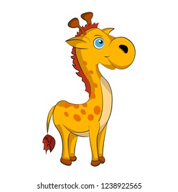 Cute cartoon of a small and gay giraffe. Vector illustration. Isolated on white background.	